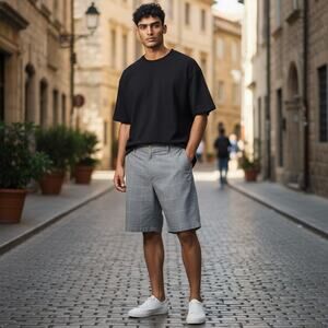 Georges Shorts Mens Size 46 Gray Chino Flat Front Light Weight Tiny Stripes